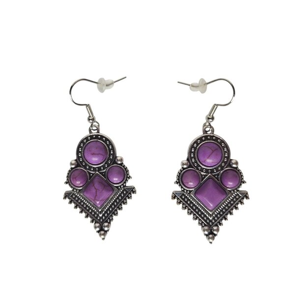 Bohemian Dangle Earrings with Purple Stones - Picture 1 of 2